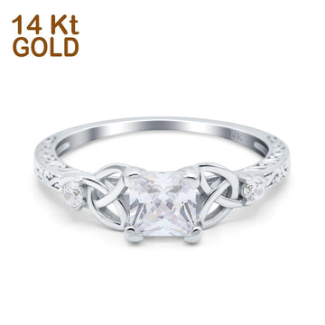 14K White Gold Cushion Celtic Art Deco Engagement Ring Simulated Cubic Zirconia Size-7